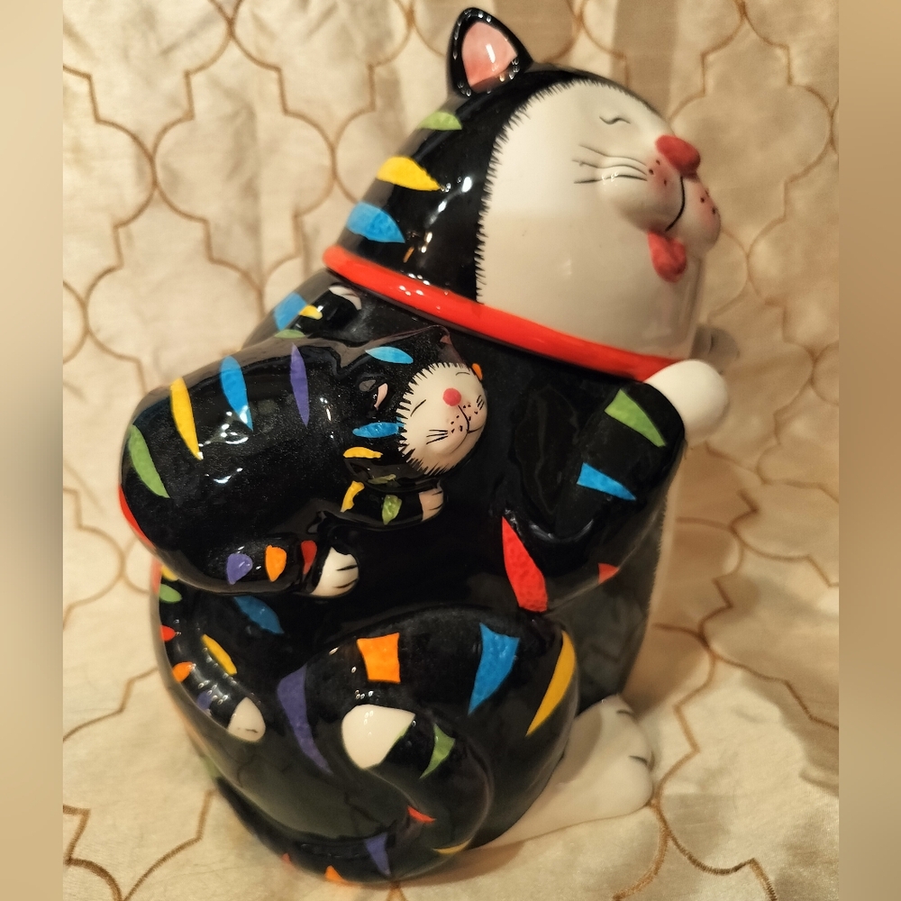 Vintage CKAO Black Cat With Multi Color Strip Ceramic Cookie Jar - Picture 3 of 13